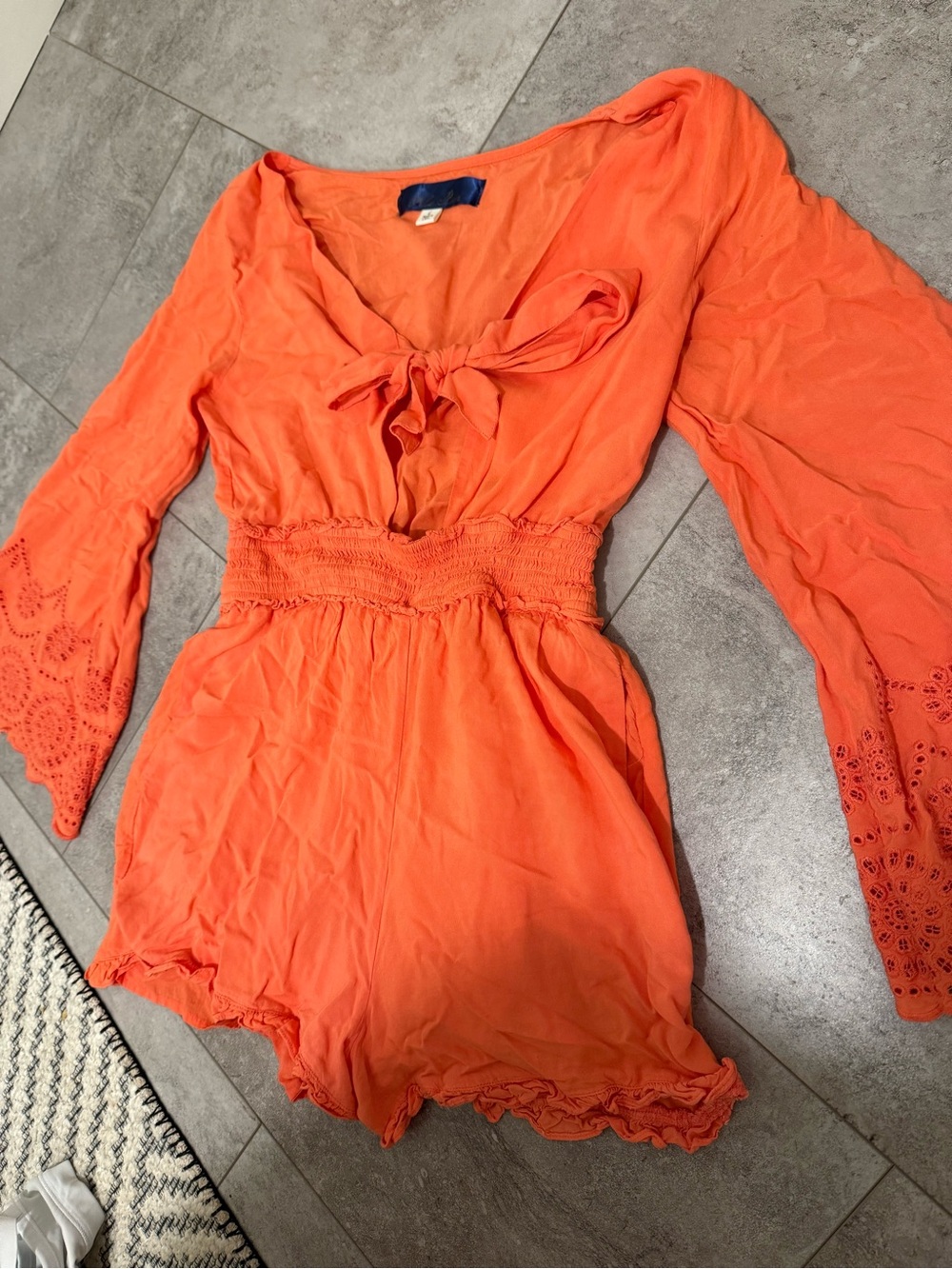 Blue Rain Orange Long-Sleeve Tie-Front Romper
